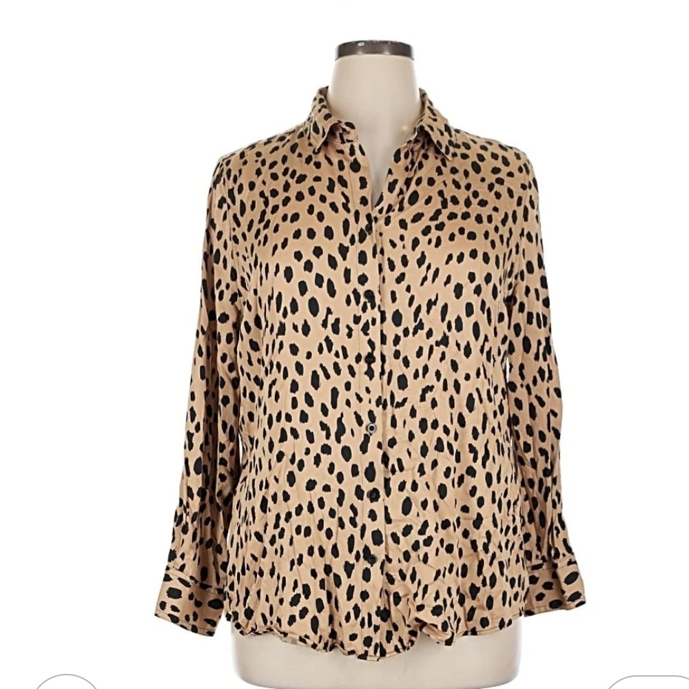 Chico's Cheetah Print Sandwashed Satin Easy Shirt Size 12/14